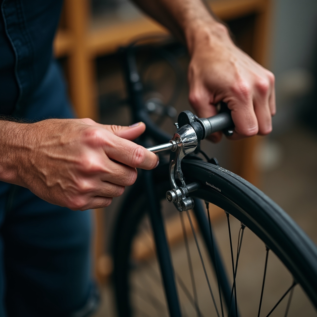 Close-up of a mechanic adjusting a rim brake caliper on a commuter bicycle