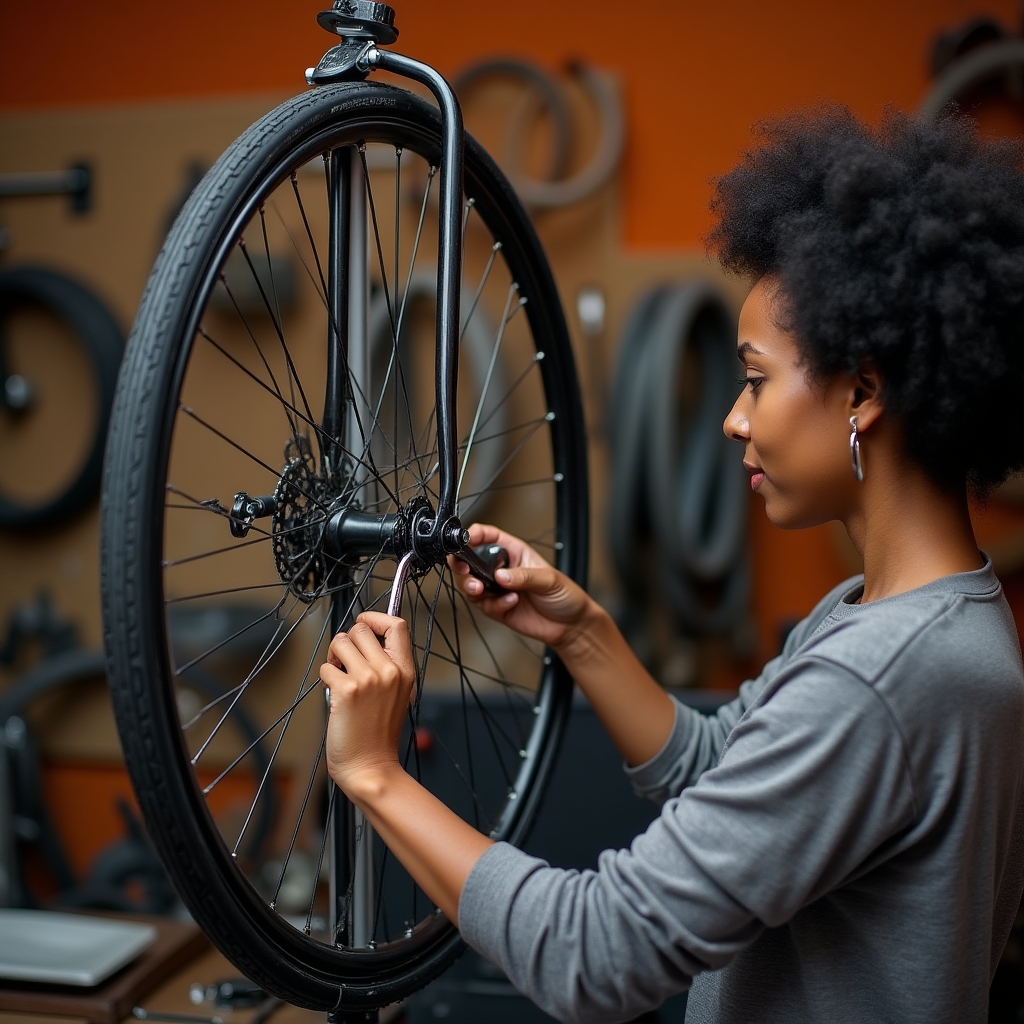 Bicycle wheel mounted on a truing stand while a mechanic checks spoke tension