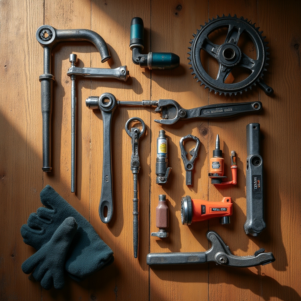 Overhead view of bicycle repair tools arranged neatly on a workshop bench